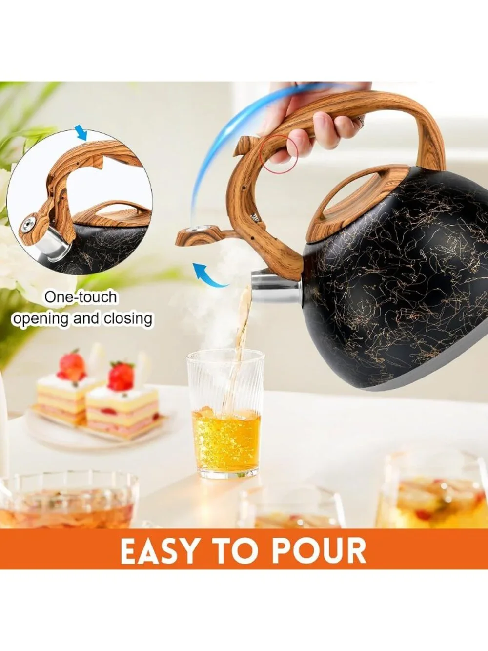 GGC 3.1QT Black Line Stainless Steel Whistling Tea Kettle For Kitchen Stove Top
